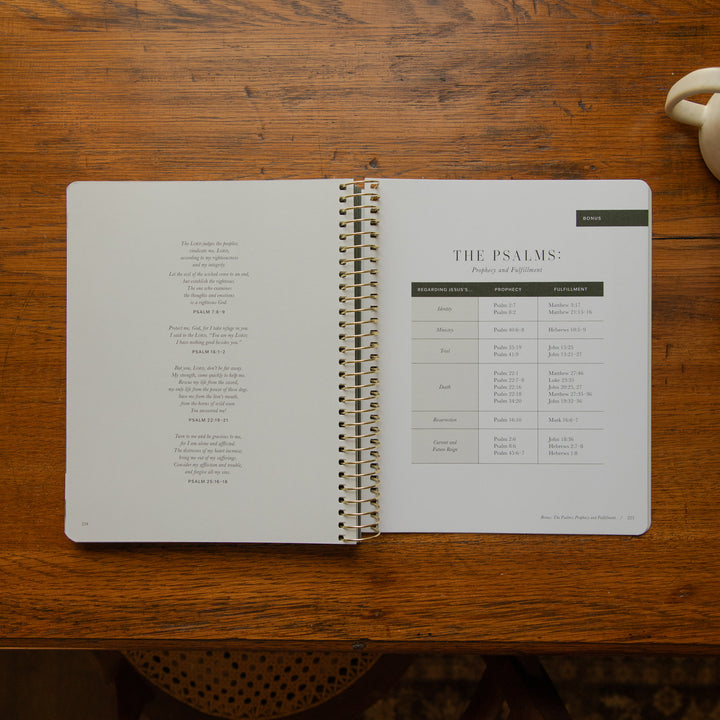 An open spiral-bound book or journal laid flat on a wooden table, showing printed text and a table titled 'THE PSALMS: Favored and Anticipated.' A small white ceramic object is partially visible at the top right edge.