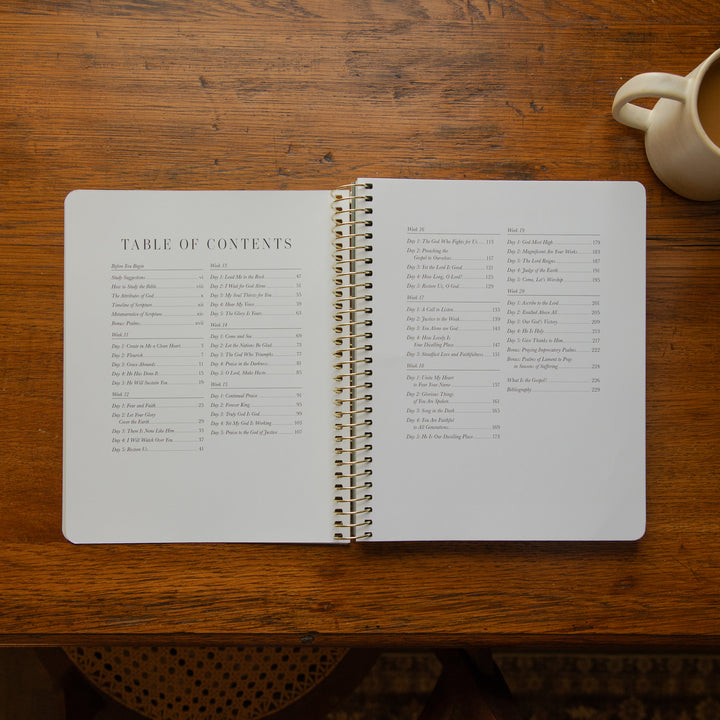 An open spiral-bound book showing a printed table of contents on both pages, placed on a wooden table with part of a white mug visible in the upper right corner.