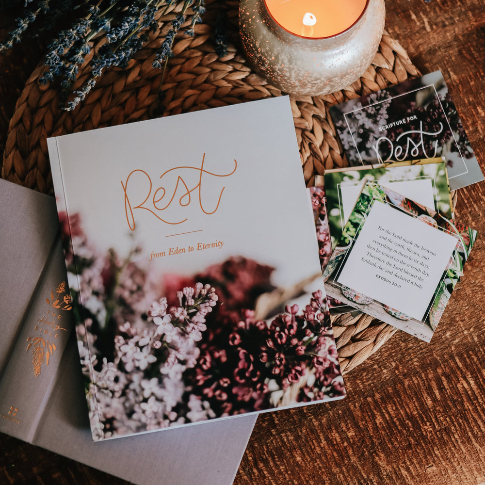 rest Bible study on wood table.