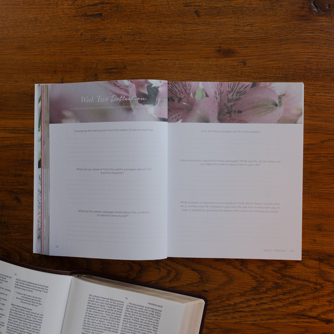 The Rest Matte study opened to the week two reflection page on a wooden desk near an open bible