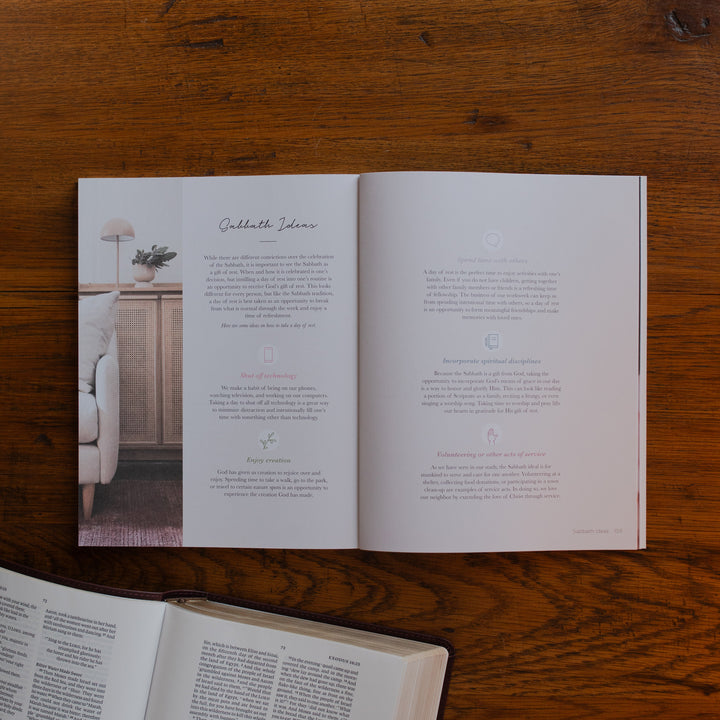 The Rest Matte study opened to the Sabbath Ideas page on a wooden desk near an open bible