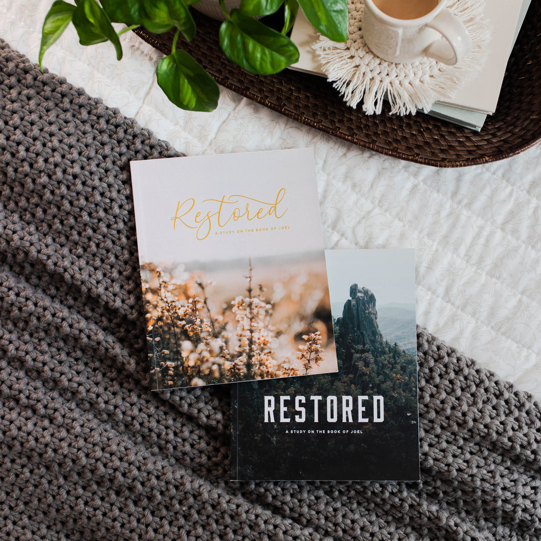 Two Restored Bible studies on a bed with a gray blanket.