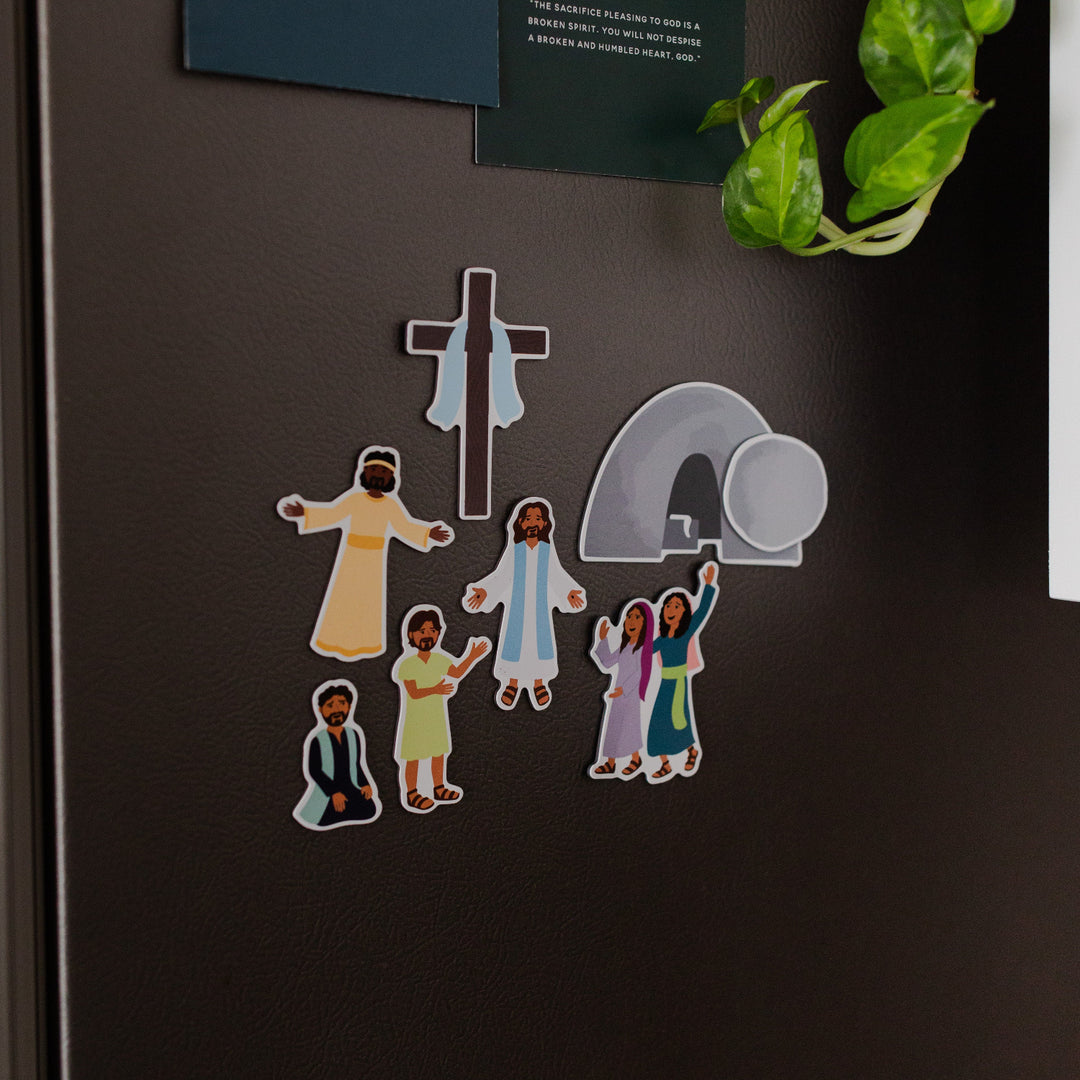 Resurrection Sunday Magnet set on a gray fridge with other daily grace scripture cards and some greenery