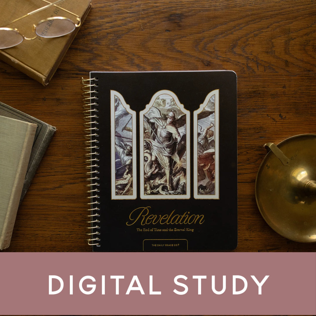 Revelation Study cover on a wooden desk next to a bronze oil lamp with a banner that reads Digital Study