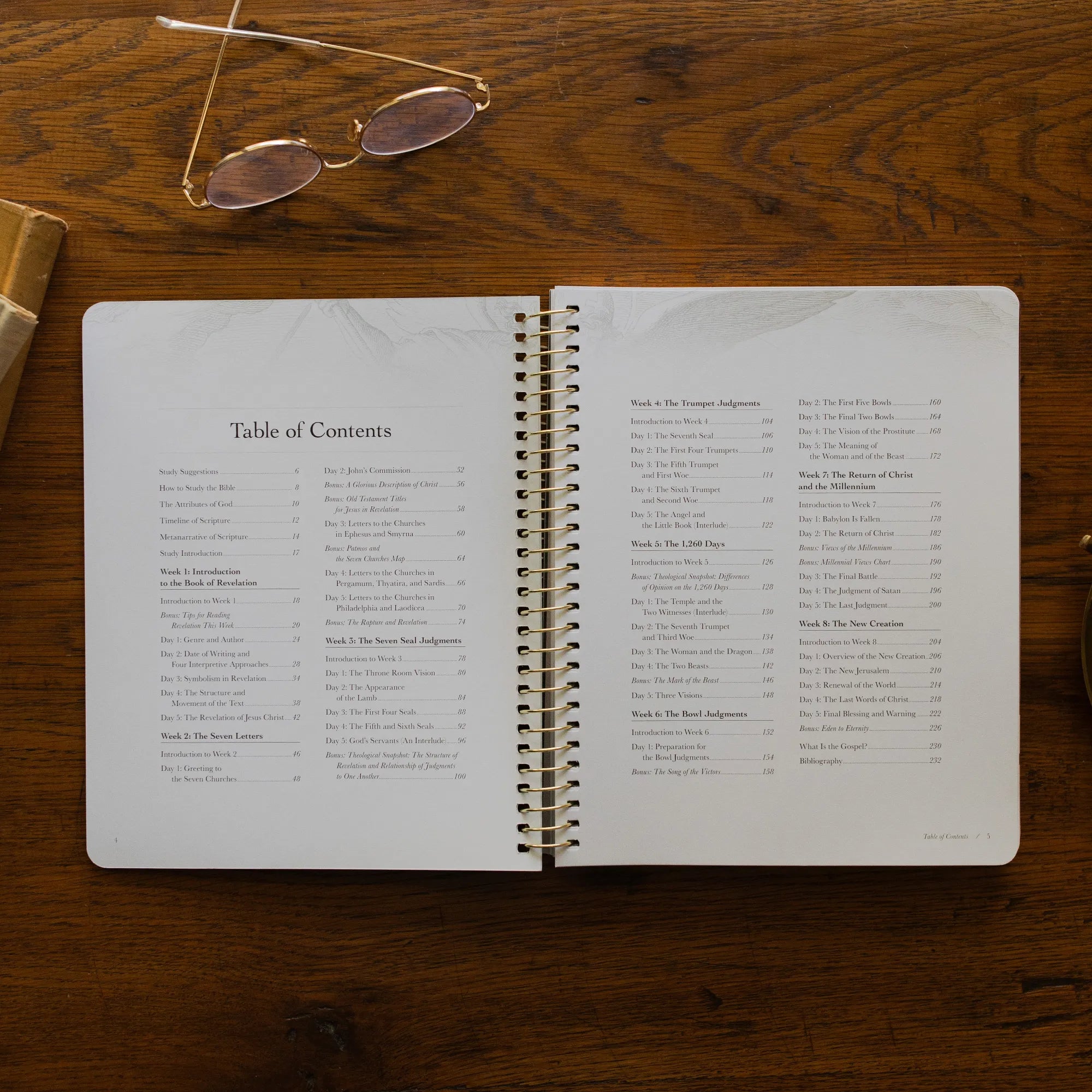 Revelation Spiral Study opened to the table of contents page on a wooden table next to a pair of glasses