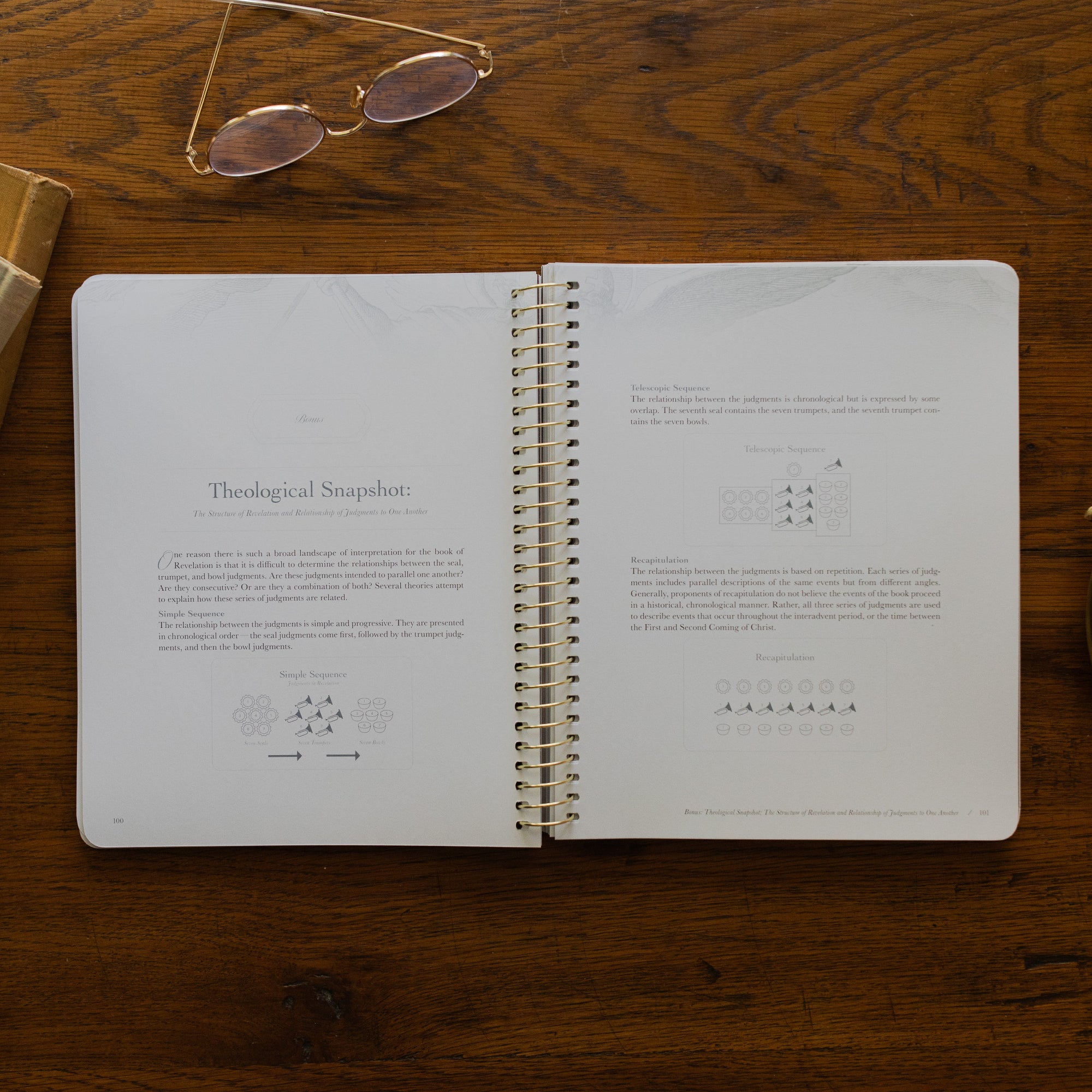 Revelation Spiral Study opened to page 100, a Theological Snapshot, on a wooden table next to a pair of glasses