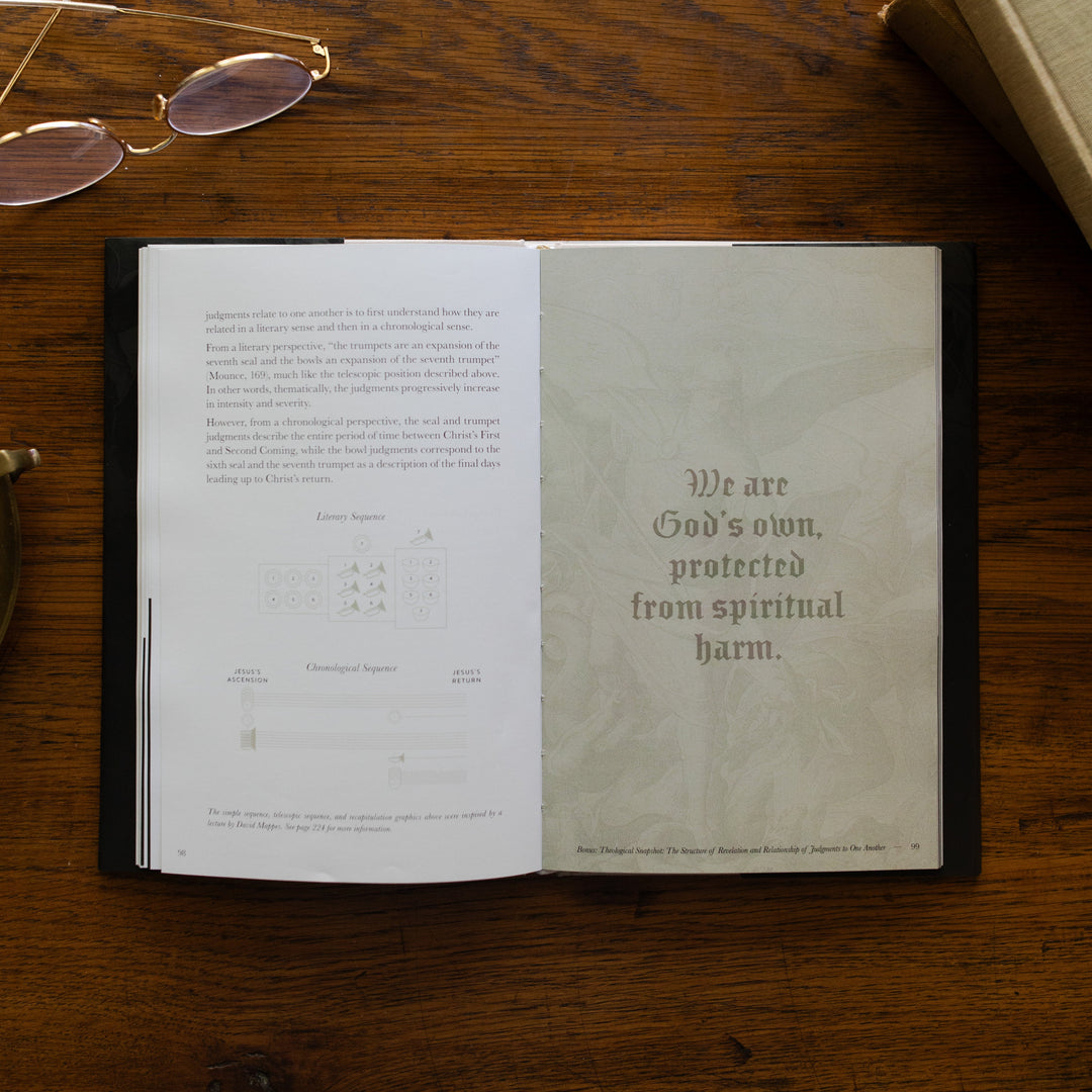 Revelation Hardcover opened to the bonus page, Applications and devotional, on a wooden table next to a pair of glasses