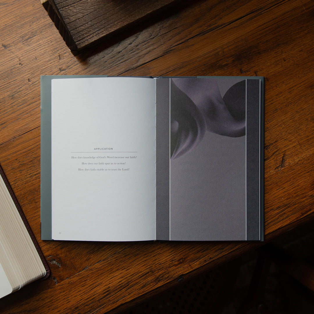 An open book laid flat on a wooden table, showing a white left page with small text and a gray right page with a large abstract portrait. A closed matching book is partially visible at the lower left.