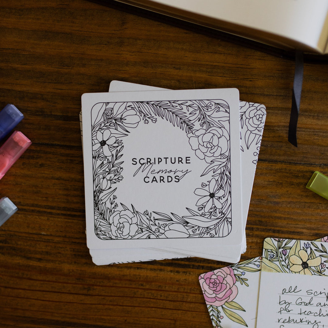 Scripture Memory Cards cover card on table with highlighters