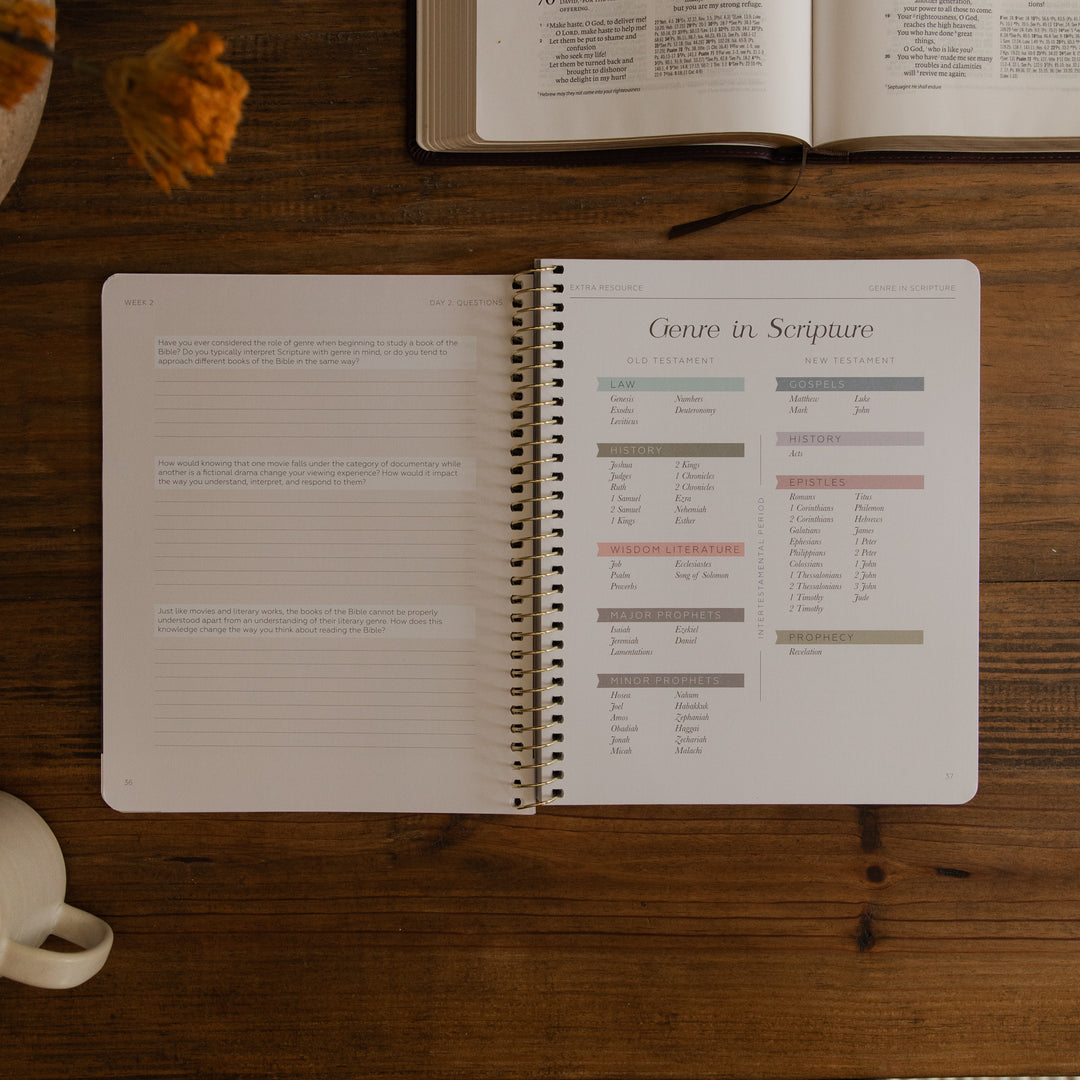 An open spiral-bound journal or planner lies on a wooden desk, showing printed pages with headings like 'Genre in Scripture' and small colored labels. An open book, a pen, and part of a mug are visible around it in a styled flat-lay setting.