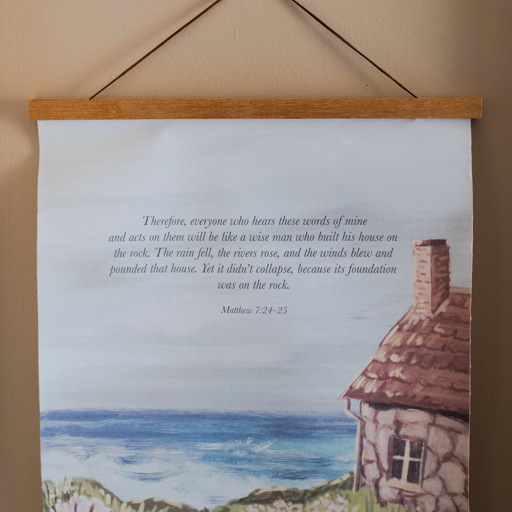 Firm Foundations Hanging Canvas print up close hanging on a light brown colored wall