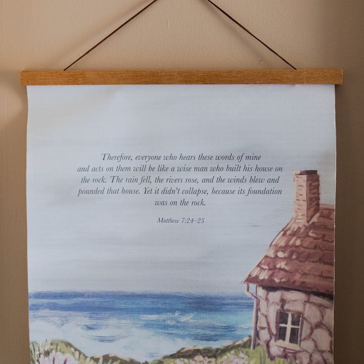 Firm Foundations Hanging Canvas print up close hanging on a light brown colored wall