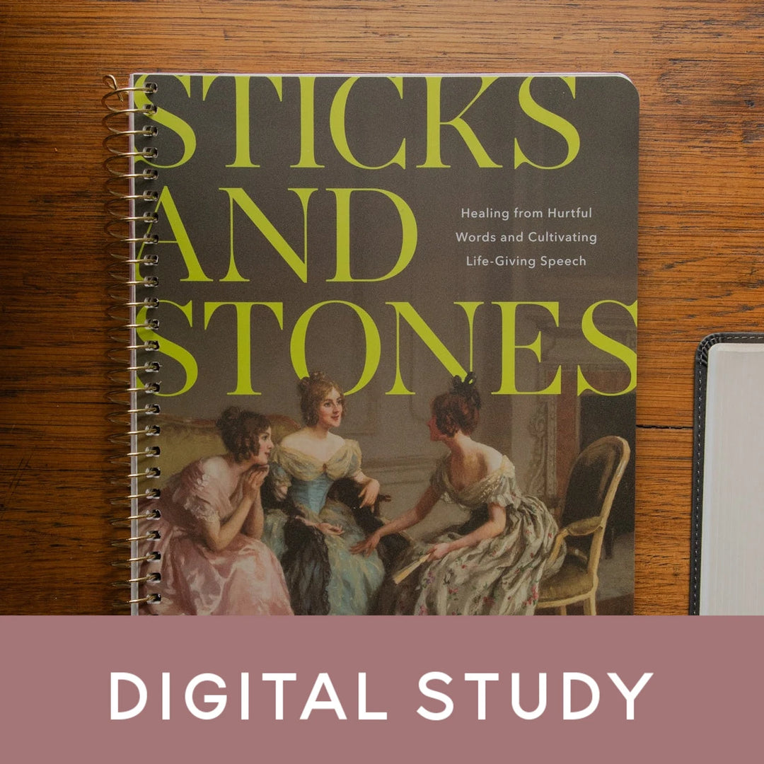 A spiral-bound book titled "STICKS AND STONES" with a muted illustration of three women on the cover, placed on a wooden surface. A mauve banner at the bottom reads "DIGITAL STUDY.