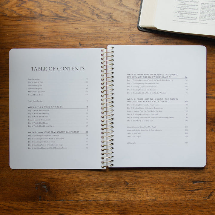 An open spiral-bound book showing a table of contents on a warm wooden tabletop, with another open book partially visible in the upper right corner.