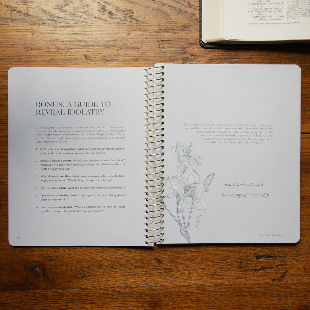 An open spiral-bound booklet titled 'Bonus: A Guide to Reveal Idolatry' lies on a wooden table, with an open Bible partially visible in the top right corner.