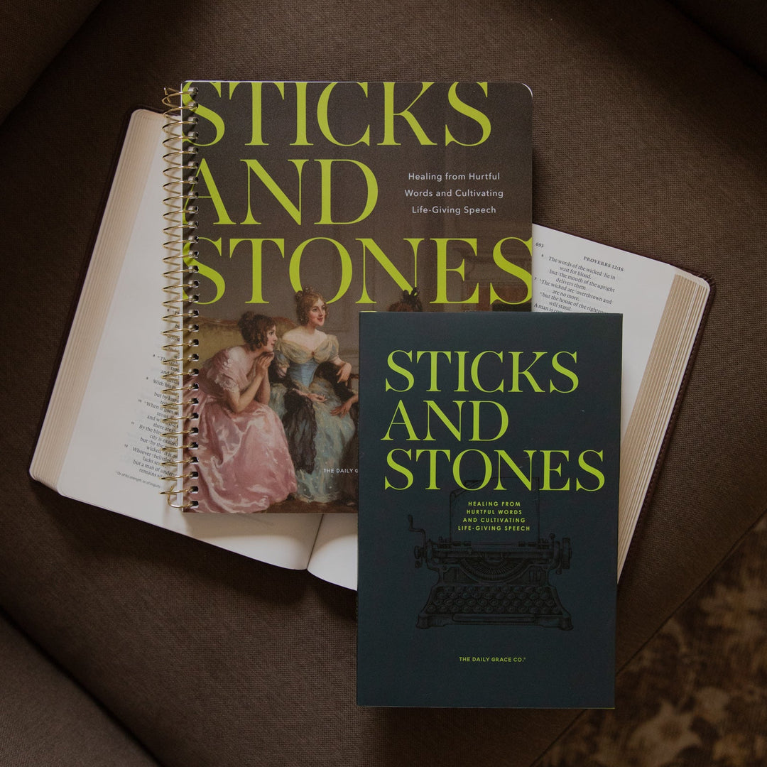 Two books labeled Sticks and Stones, including on a spiral-bound notebook and a hardcover book, arranged on an open book on a brown leather surface.