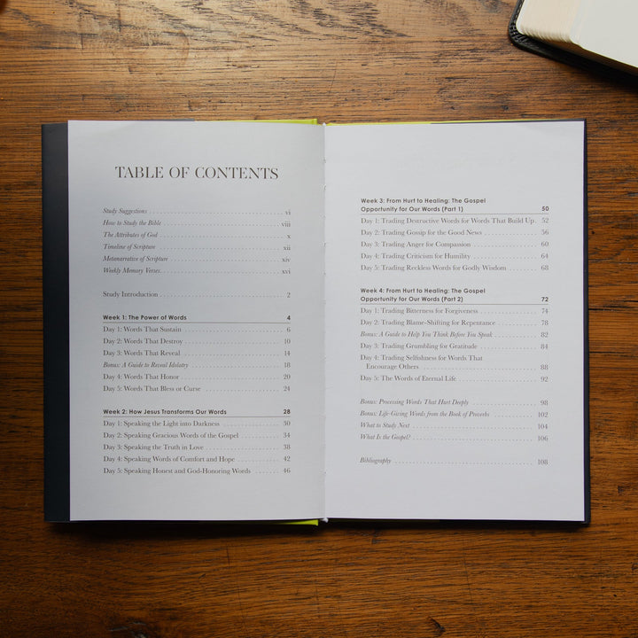 An open book showing the table of contents on a wooden tabletop, with another book partially visible in the top right corner.