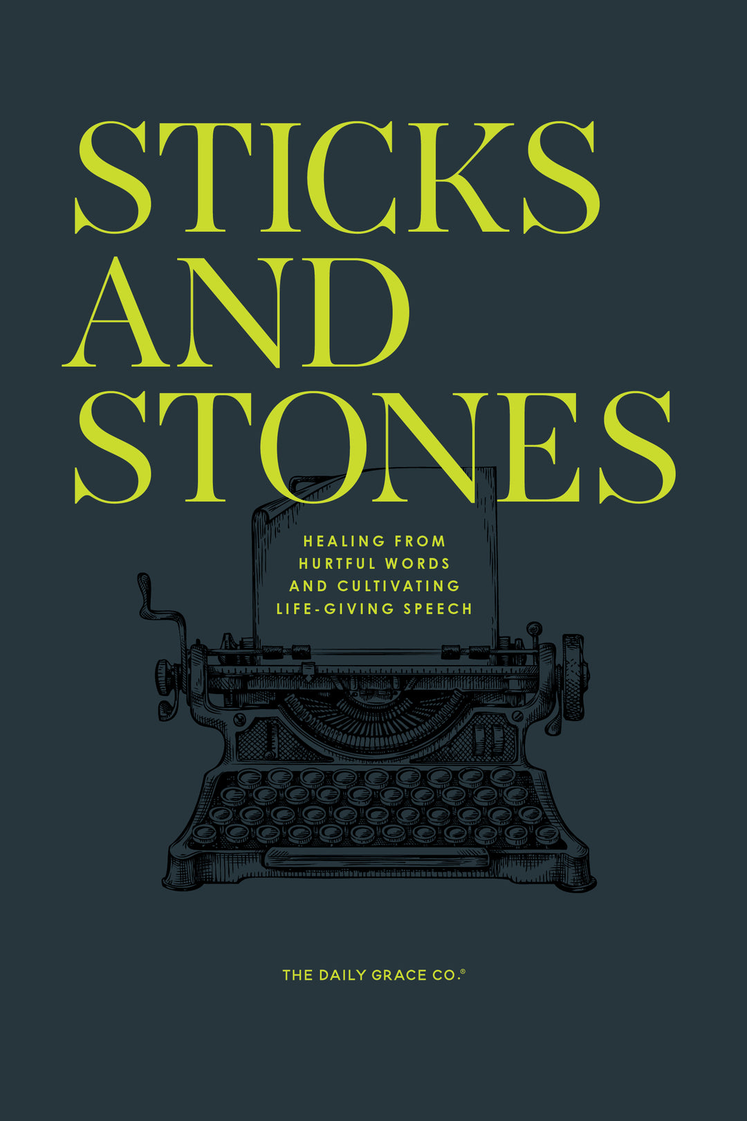 Book cover of 'Sticks and Stones' with a typewriter illustration on a dark background