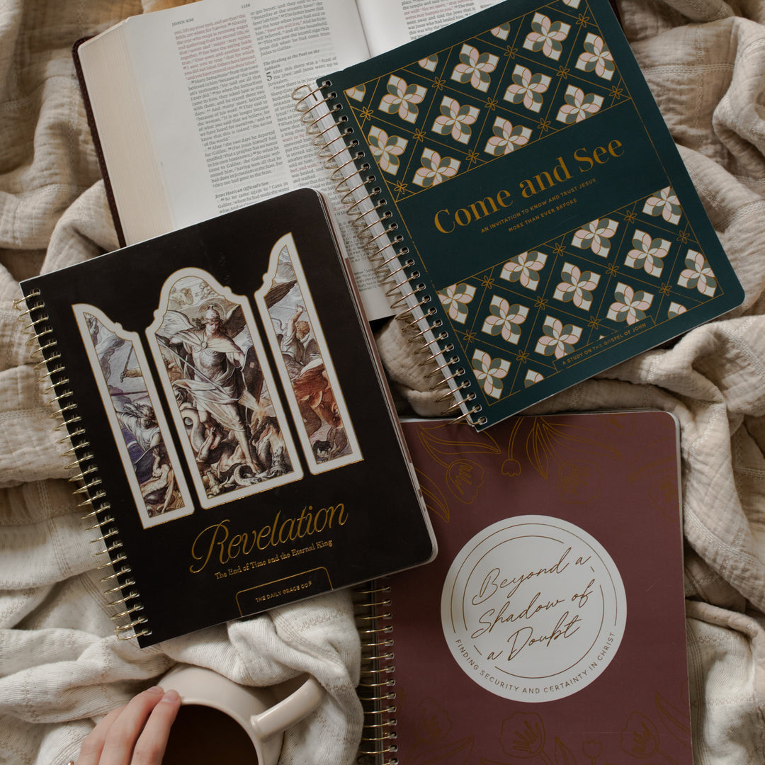 Come and See Bible study, Revelation Study, and the Beyond a Shadow of a Doubt study on an open bible and a creme colored blanket