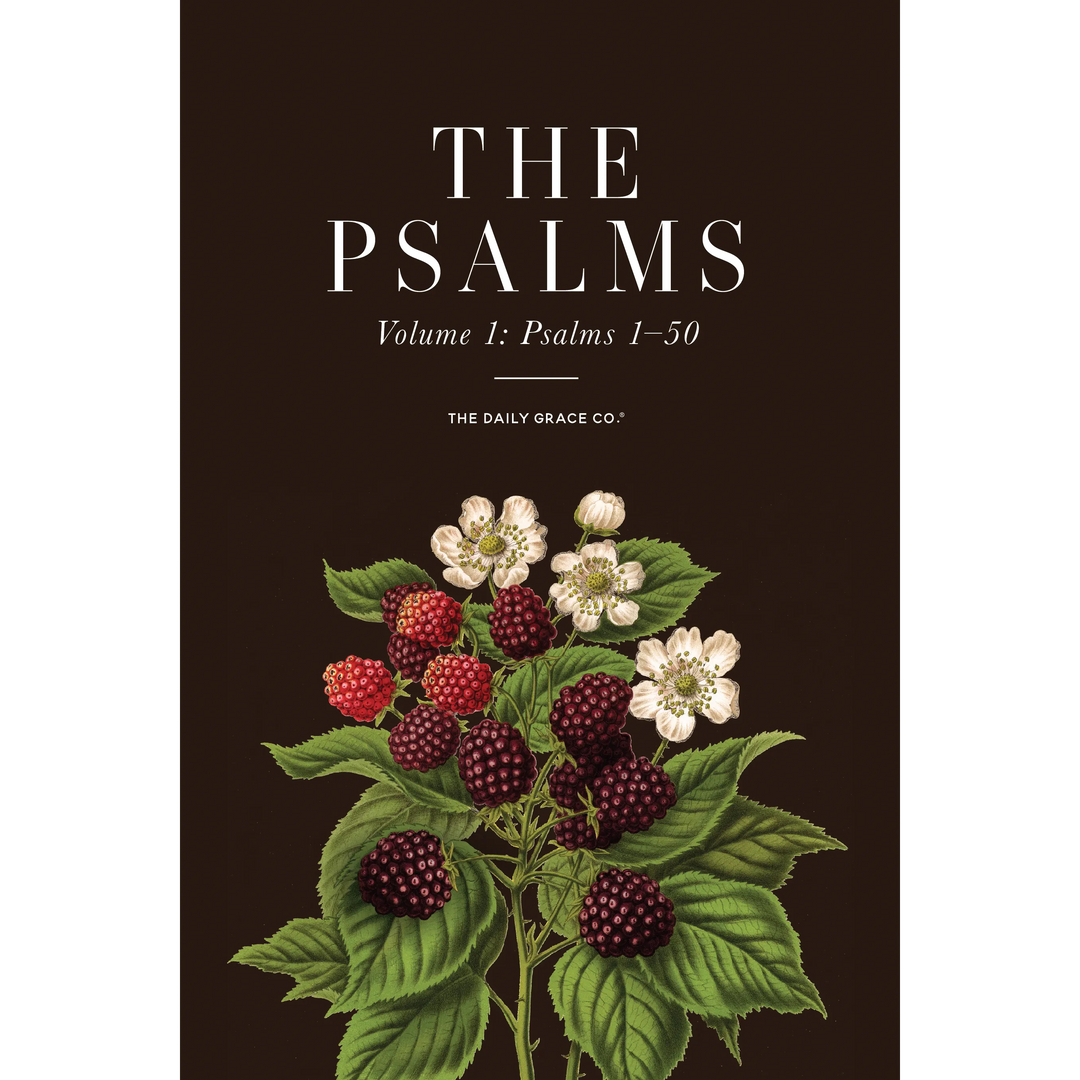 The Psalms Hardcover mockup of berry bushes on a brown background