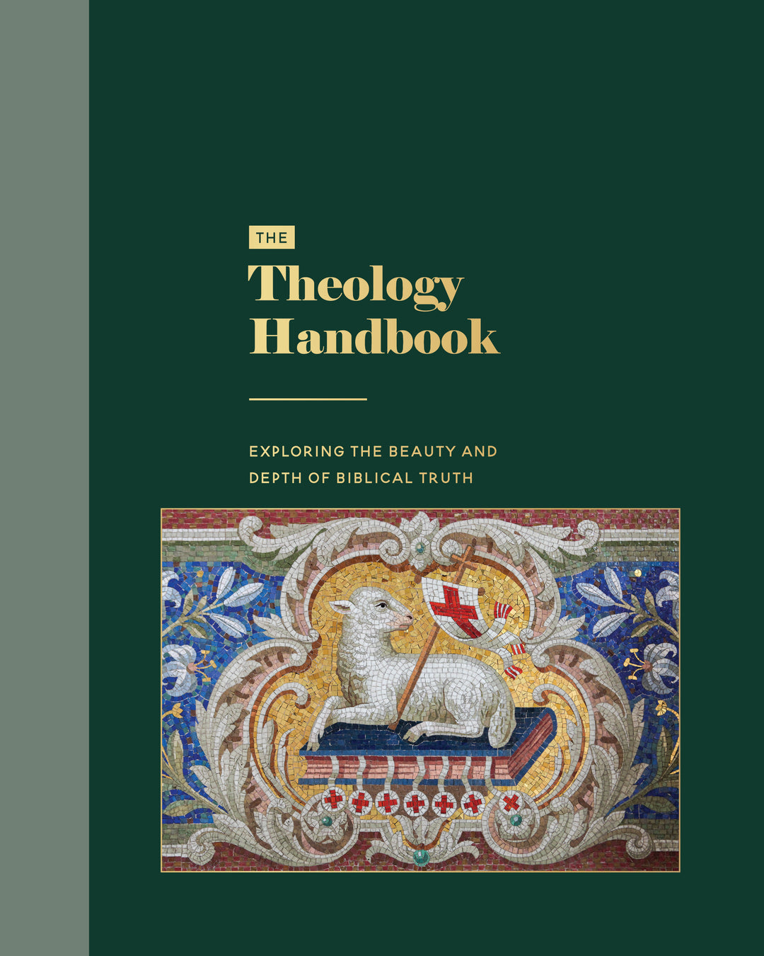 The front cover of the book 'The Theology Handbook' featuring a dark green background with gold text and a detailed, colorful medieval-style tapestry illustration of a white lamb on a gold and blue background.