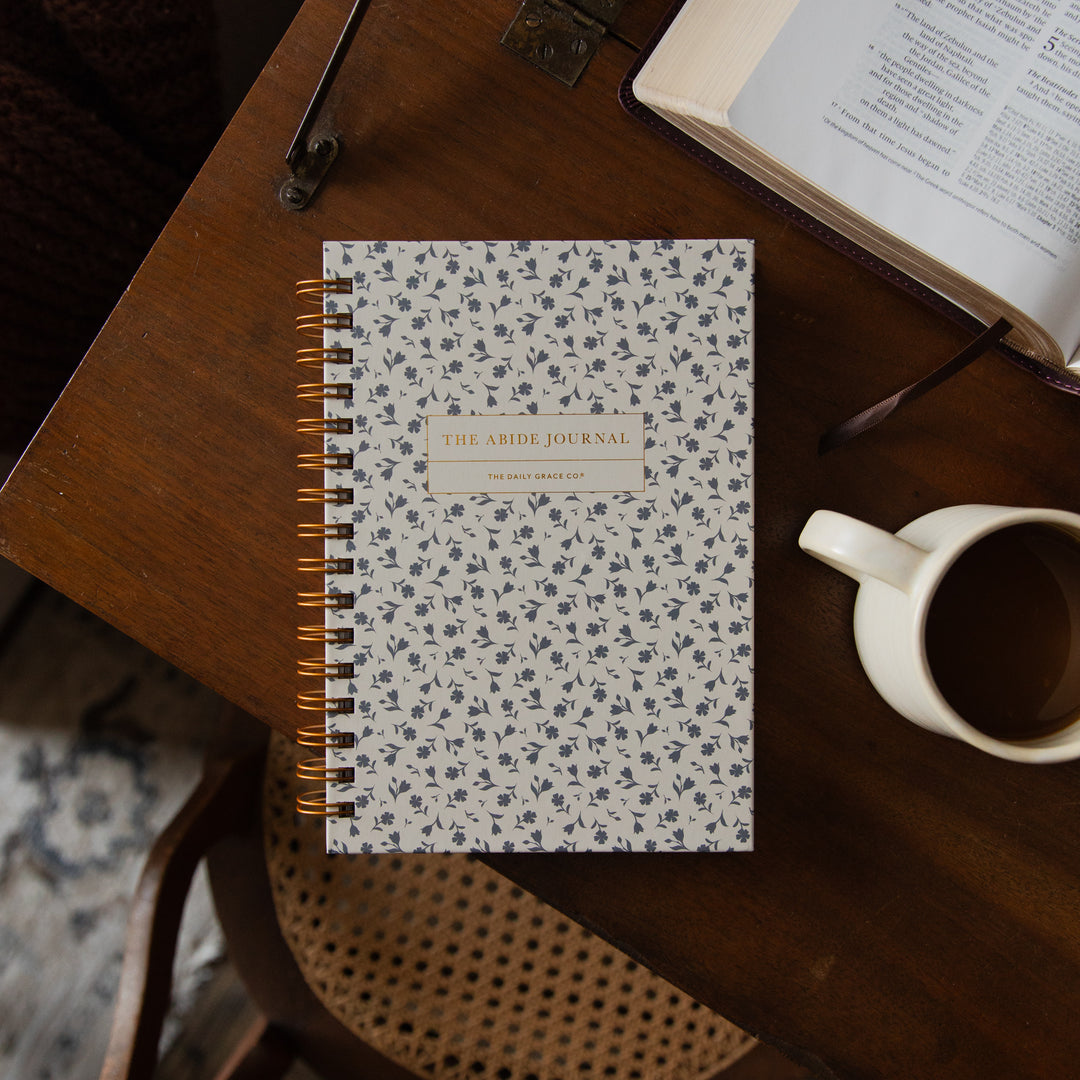 A spiral-bound journal titled 'THE AIME JOURNAL' with a delicate blue floral pattern on a white cover, styled on a dark wooden table next to an open book, eyeglasses, and a white coffee mug.