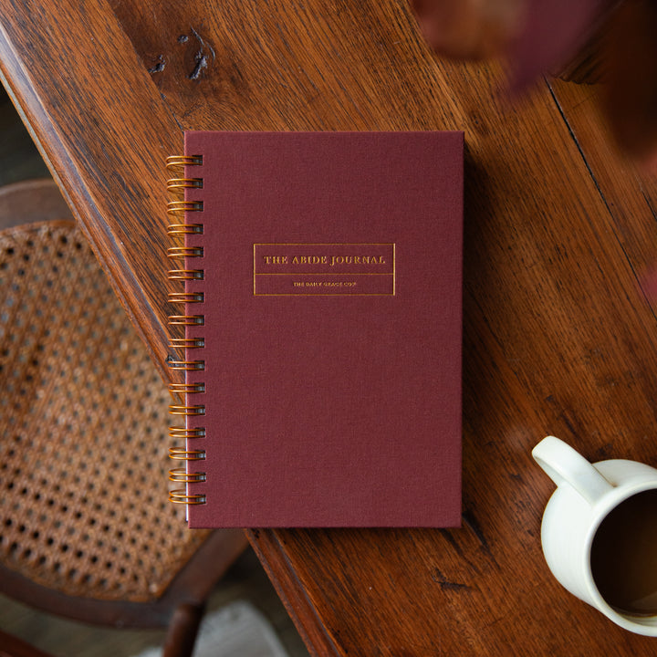 A burgundy spiral-bound journal with gold lettering reading 'THE AIDE JOURNAL' and '1861-2025 COPI' lies on a rustic wooden table, with a white mug and woven chair partially visible.