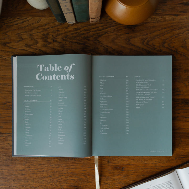 The Bible Maps Handbook opened to the table of contents page on a wooden table near an open bible