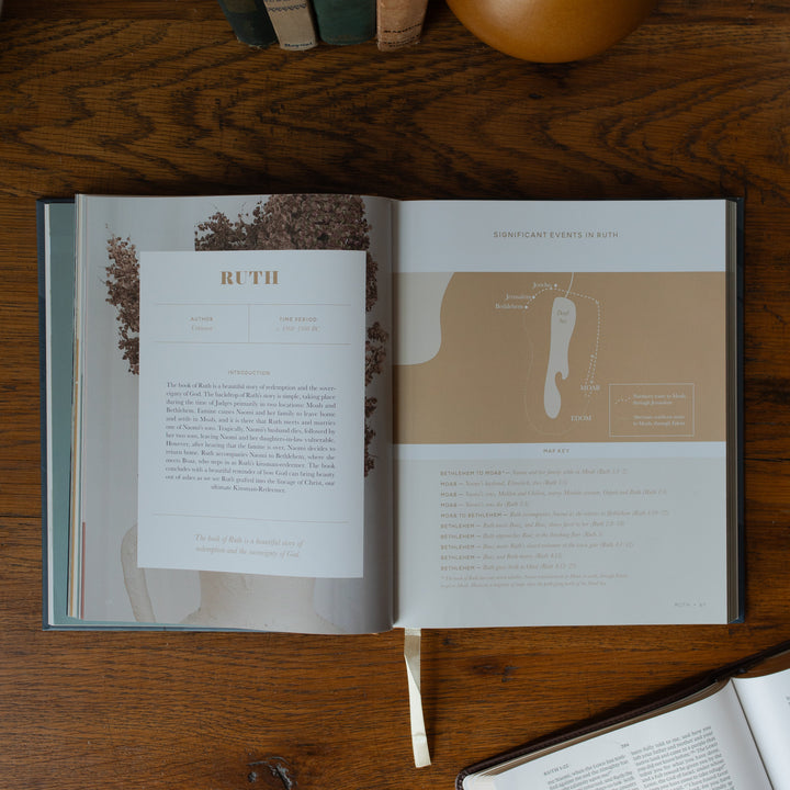 The Bible Maps Handbook opened to the Ruth beginning page on a wooden table near an open bible