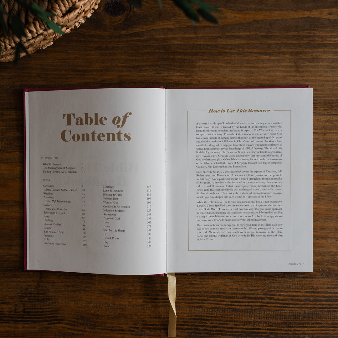 An open book laid flat on a dark wooden table, showing the Table of Contents and a section titled 'How to Use This Resource.' A woven basket and greenery are partially visible around it.