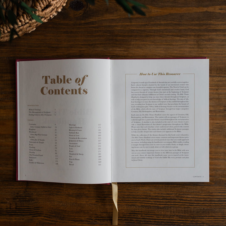An open book laid flat on a dark wooden table, showing the Table of Contents and a section titled 'How to Use This Resource.' A woven basket and greenery are partially visible around it.