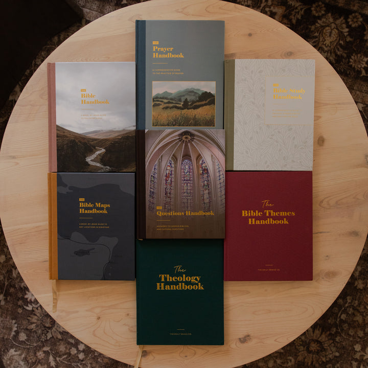 Seven handbooks from The Daily Grace Co. are arranged in a grid on a round wooden table. The books feature various colored covers including gray, burgundy, green, and beige, with gold lettering.