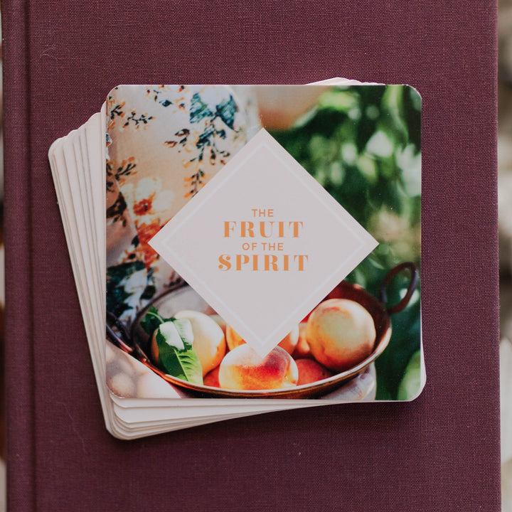 Fruit of the Spirit verse card set on top of a Bible