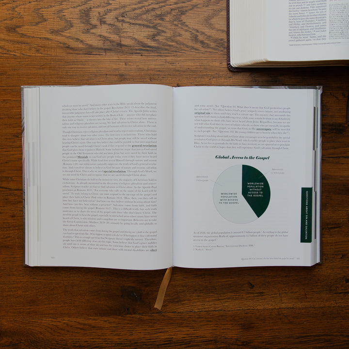 An open book spread laid on a wooden table, showing printed text and a circular chart on the right page. Another book is partially visible at the top right.