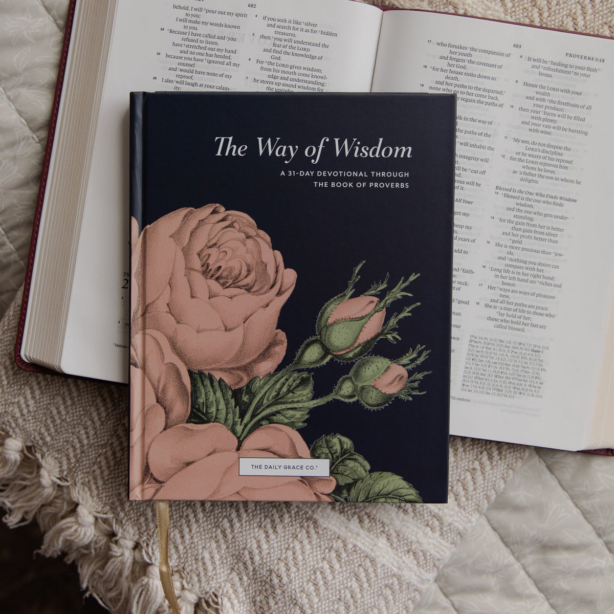 The Way of Wisdom devotional cover on an open bible on a blanket