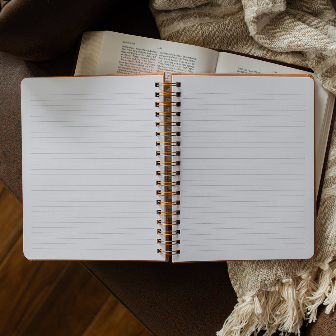Theologian Journal opened to some blank pages on an open bible