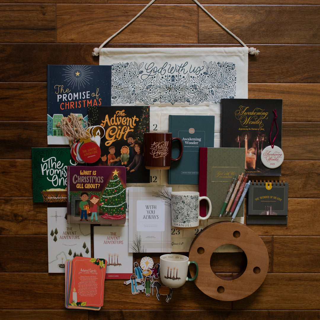 Full Advent Collection laying on a wooden table