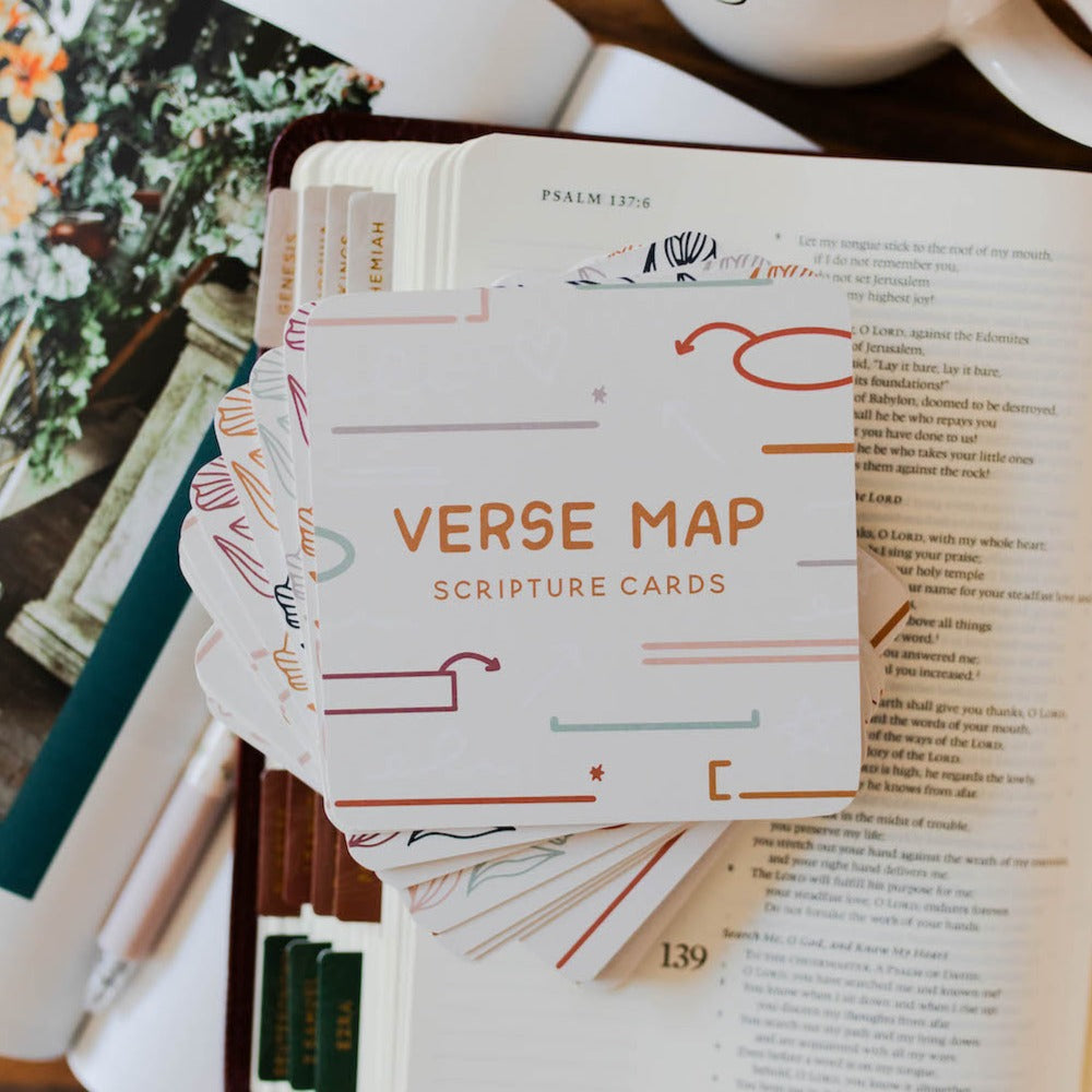 Verse Map Scripture Cards sitting on a Bible