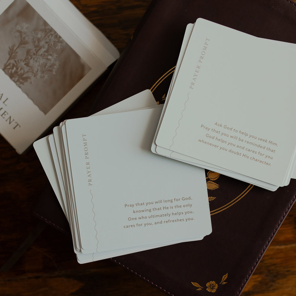 Multiple Verses for Spiritual Refreshment Verse Cards spread over a marron colored bible showing the prayer prompts