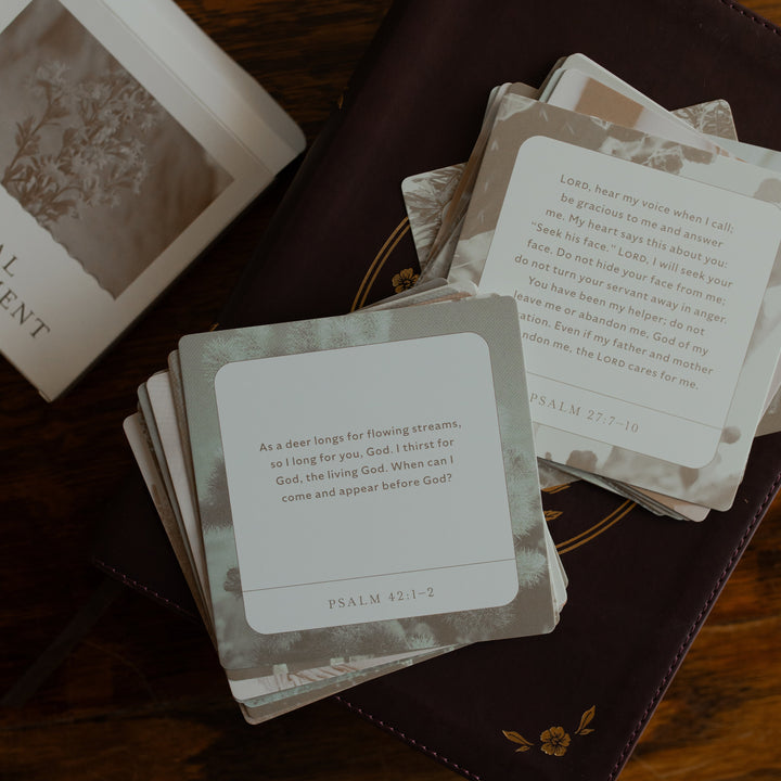 Multiple Verses for Spiritual Refreshment Verse Cards spread over a marron colored bible showing the bible verses side