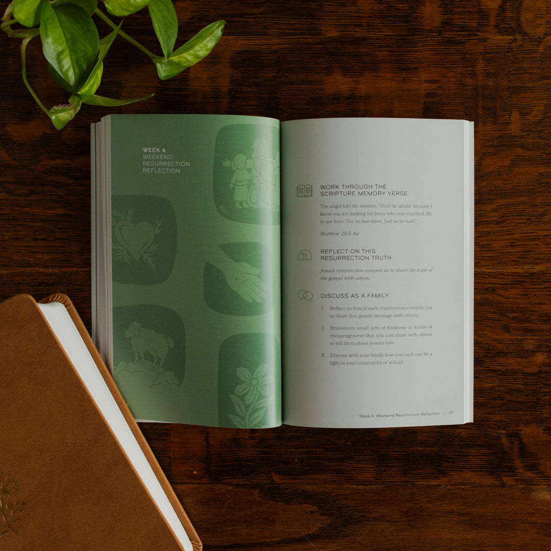 Walking with Jesus Study opened to the Week 4 Weekend resurrection reflection page on a wooden table near some greenery and a closed journal