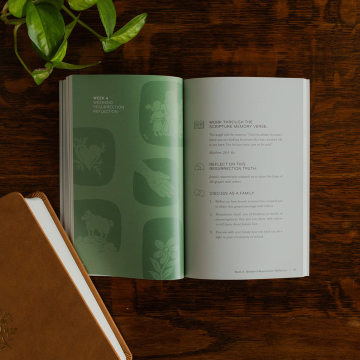 Walking with Jesus Study opened to the Week 4 Weekend resurrection reflection page on a wooden table near some greenery and a closed journal