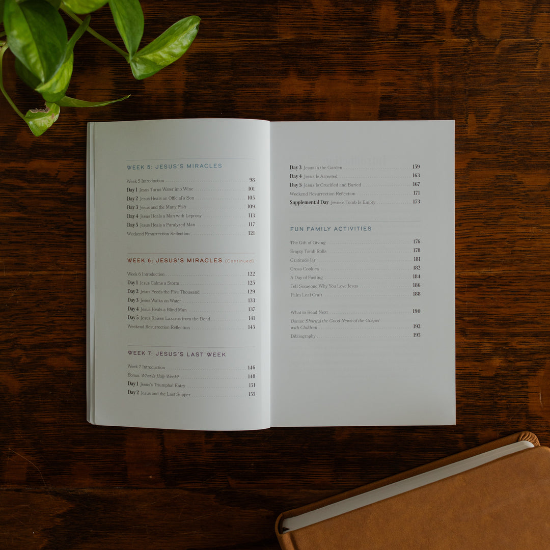 Walking with Jesus Study opened to the table of contents on a wooden table near some greenery and a closed journal