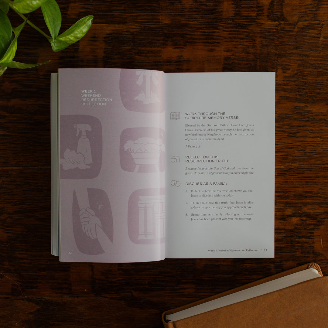 Walking with Jesus Study opened to the Week 1 weekend resurrection and reflection page on a wooden table near some greenery and a closed journal