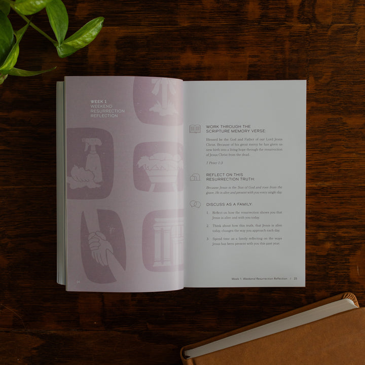 Walking with Jesus Study opened to the Week 1 weekend resurrection and reflection page on a wooden table near some greenery and a closed journal
