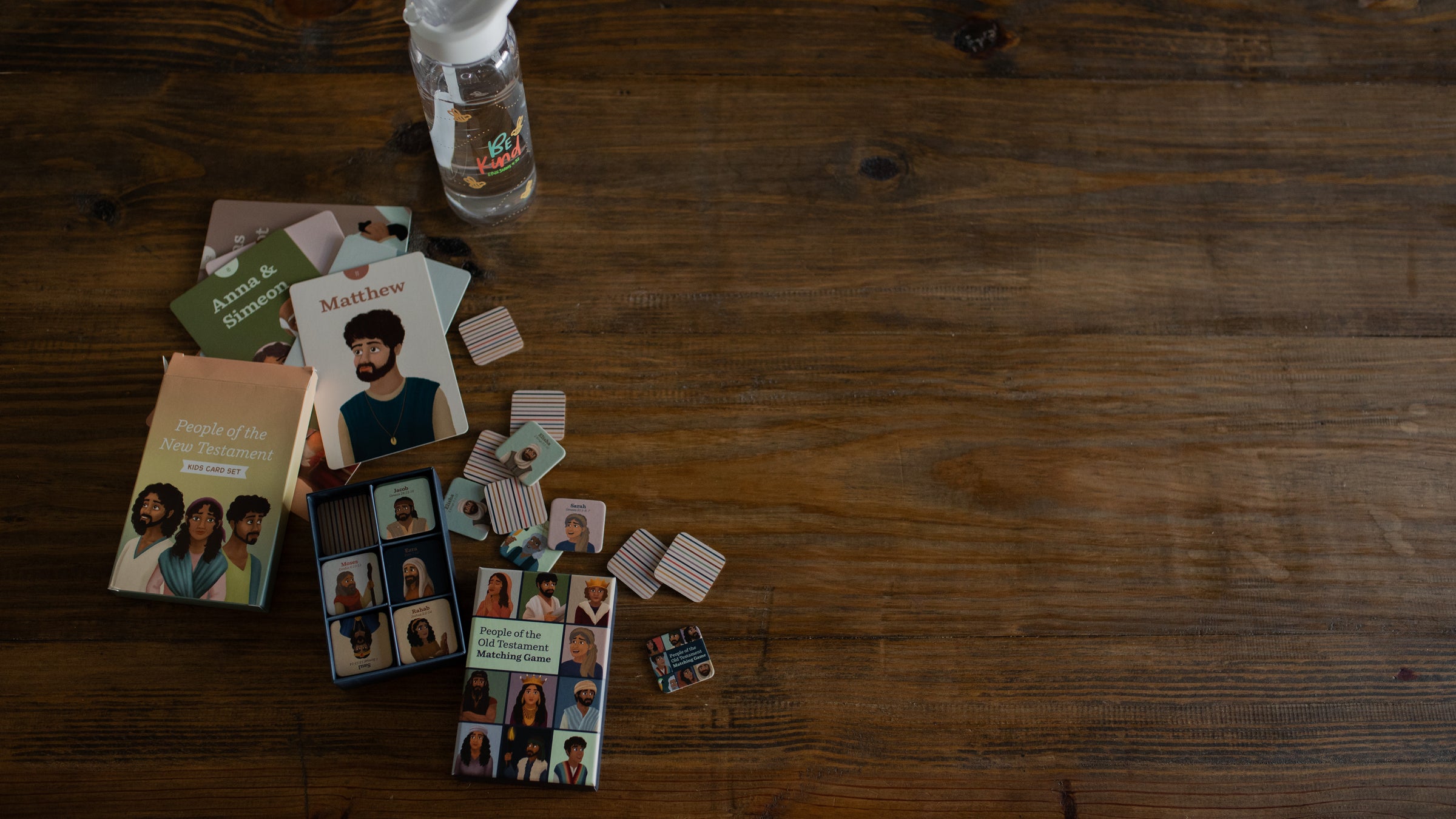 Image of a Be Kind Water Bottle and a Kids Matching Card set