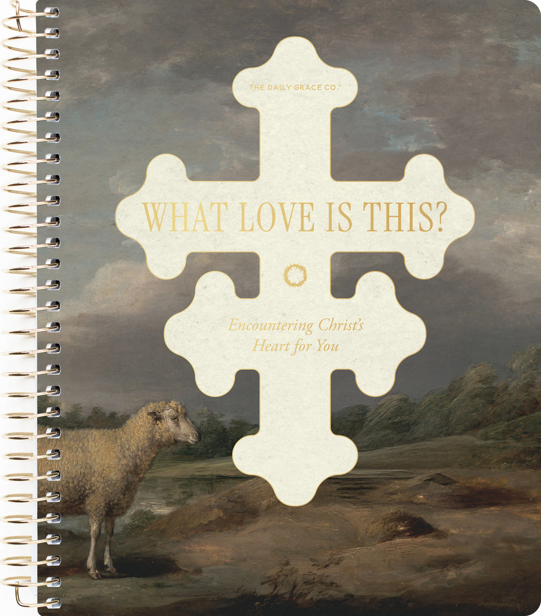 A spiral-bound book or journal cover featuring a large cream-colored cross with the title 'WHAT LOVE IS THIS?' in gold lettering, set against a classical landscape painting of a sheep in a field under a cloudy sky. The publisher/brand 'THE DAILY MEMENTO CO.