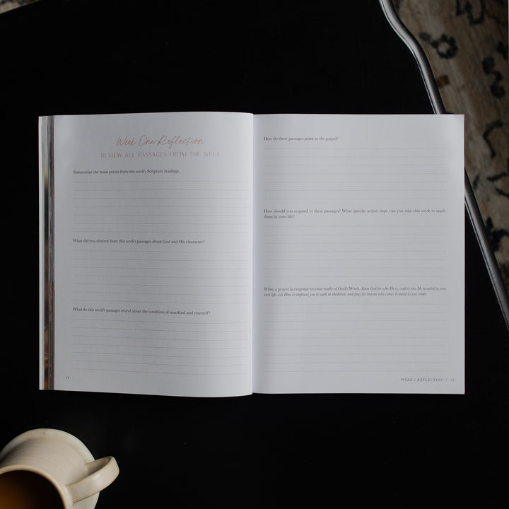 Open book with lined pages on a dark surface next to a ceramic mug.