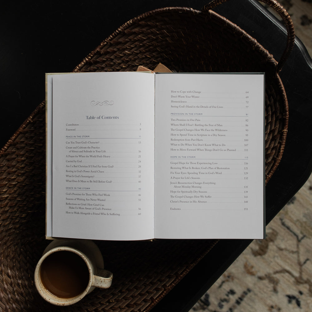 When Storms Rage opened to the Table of Contents Page on other books near a coffee cup in a woven basket
