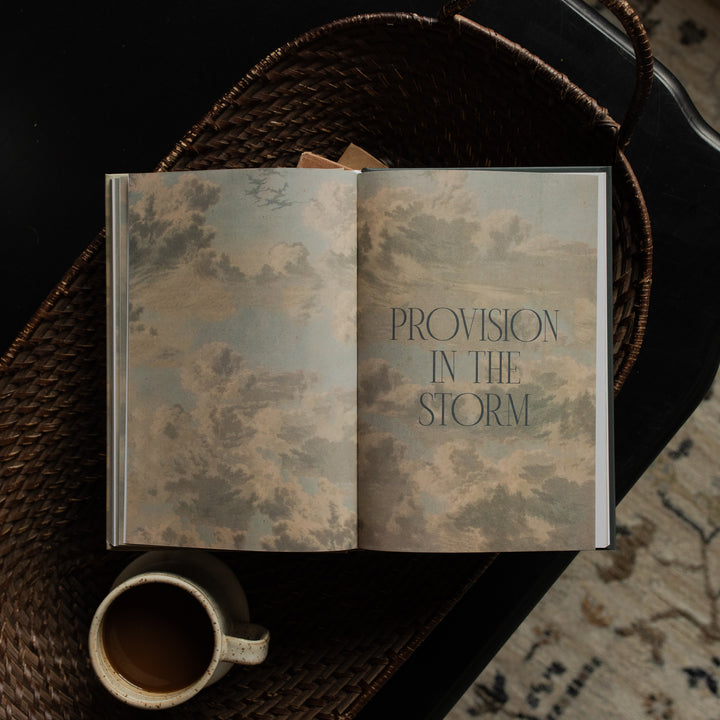 When Storms Rage opened to the Provision In The Storm Page on other books near a coffee cup in a woven basket